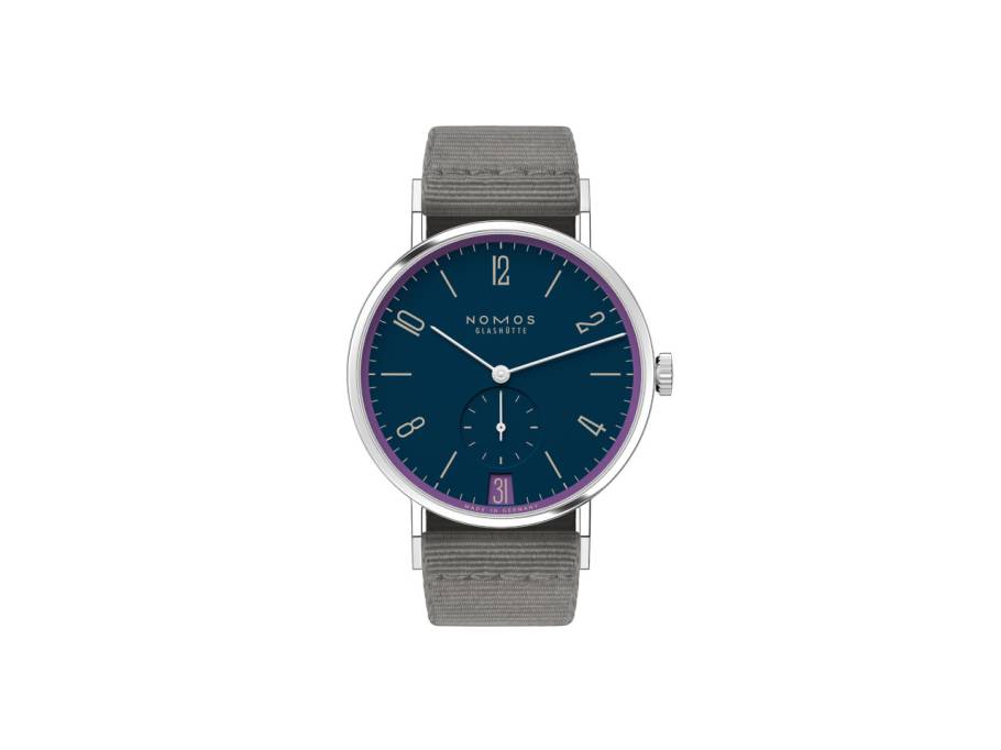 Tangente 38 Datum "175 Years Watchmaking - Nachtgesang" Handaufzug Edelstahl blaues Zifferblatt graues Textilband Glasboden