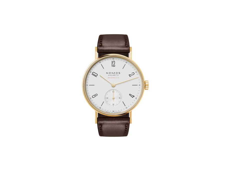 Tangente Gold Neomatik Doré Automatik Gelbgold 35mm weißes Zifferblatt braunes Lederband