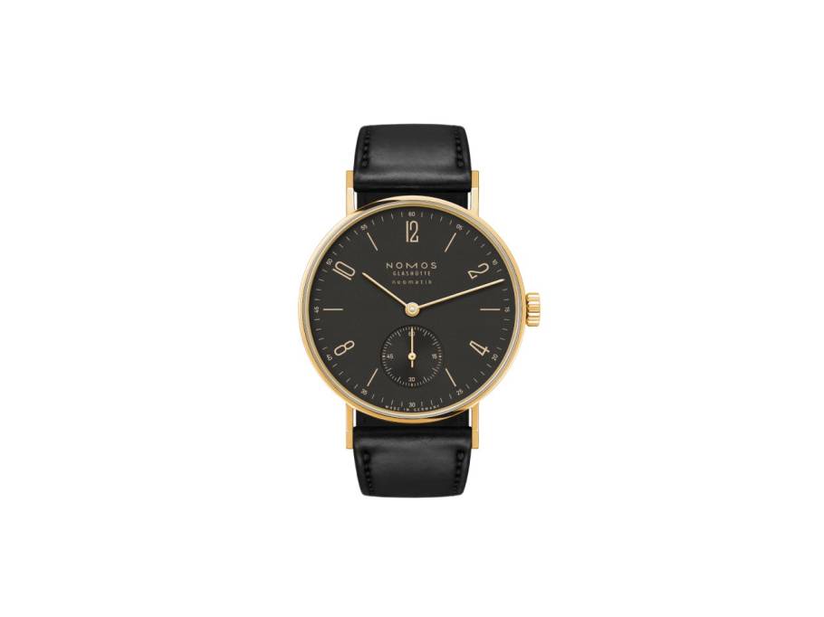 Tangente Gold Neomatik Ruthenium Automatik Gelbgold 35mm schwarzes Zifferblatt schwarzes Lederband