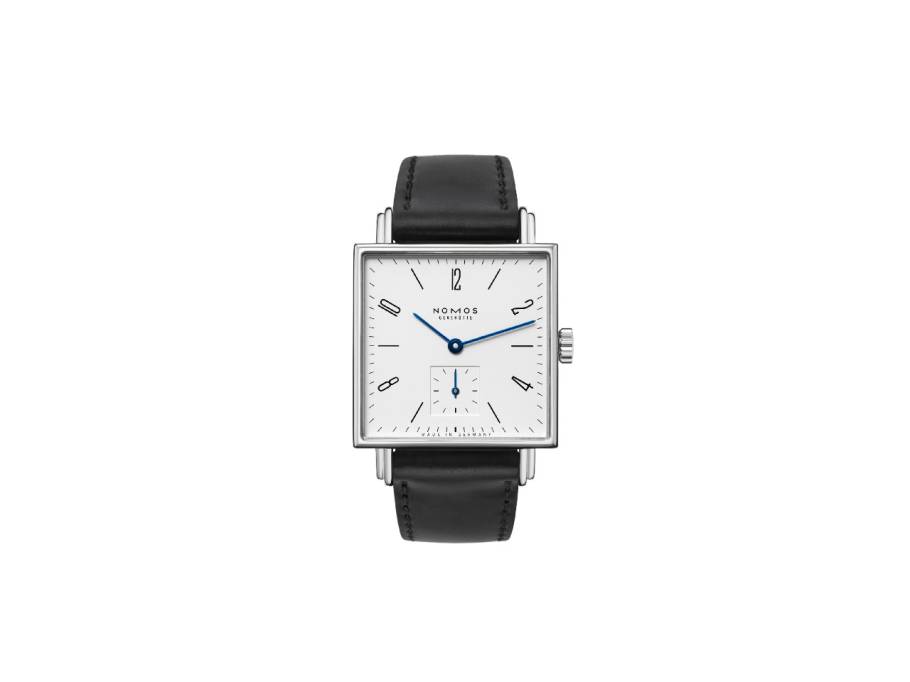 Tetra Handaufzug Edelstahl 29mm weißes Zifferblatt schwarzes Lederband Stahlboden