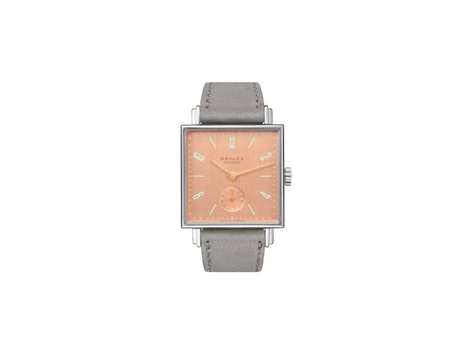 Tetra Berliner Mischung Goldelse Handaufzug Edelstahl 29mm lachsfarbenes Zifferblatt graues Lederband