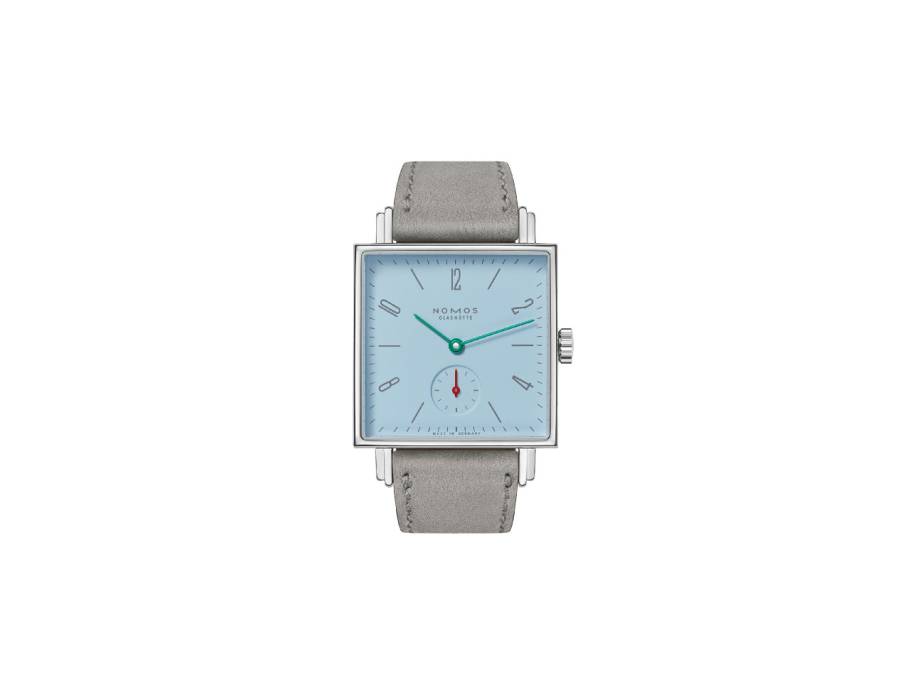 Tetra Petit Four Azur Handaufzug Edelstahl 29mm blaues Zifferblatt graues Lederband Stahlboden