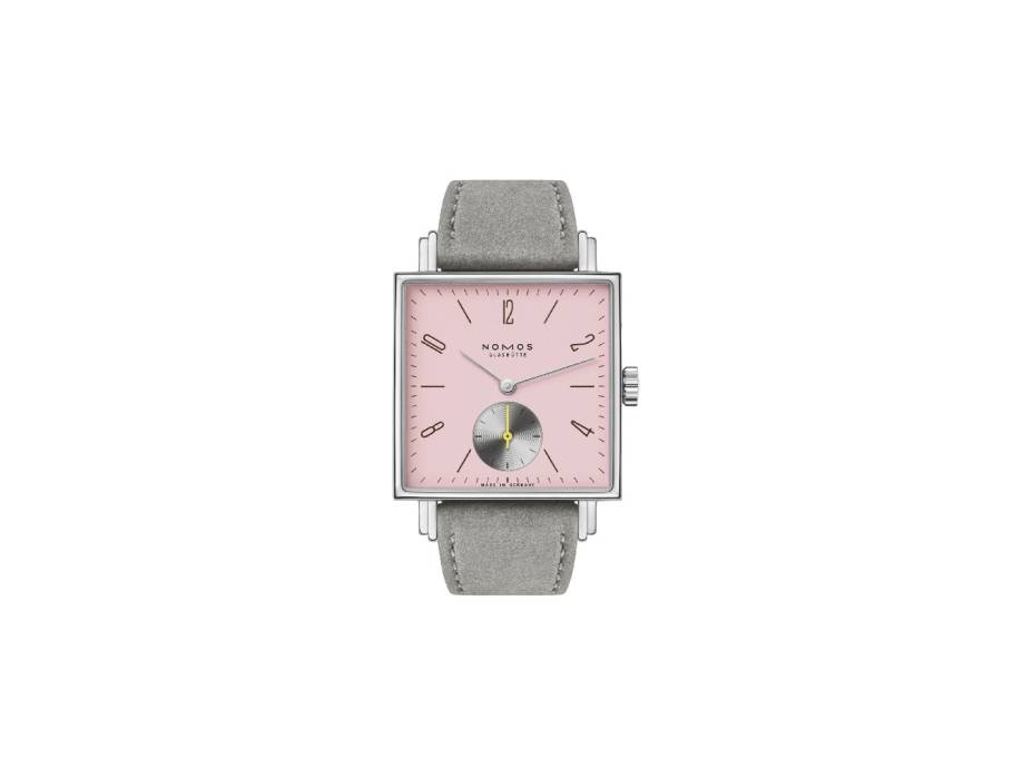 Tetra Die Wildentschlossene Handaufzug Edelstahl 29mm rosafarbenes Zifferblatt graues Veloursband Glasboden