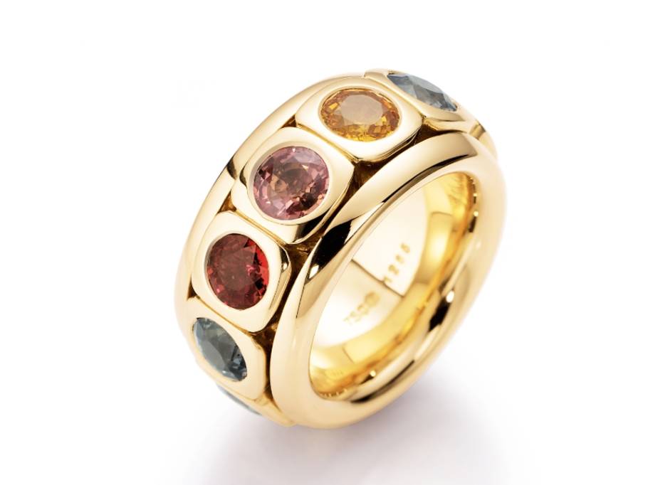 Tango Ring mittlere Breite Gelbgold mit farbigen Saphiren, drehbar