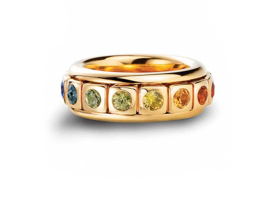 Tango Ring schmale Breite Gelbgold mit farbigen Saphiren, drehbar