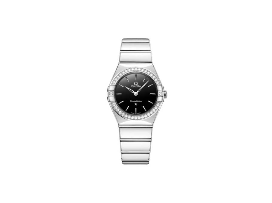Constellation Quarz Edelstahl  poliert 28mm schwarzes Zifferblatt Diamanten Metallband
