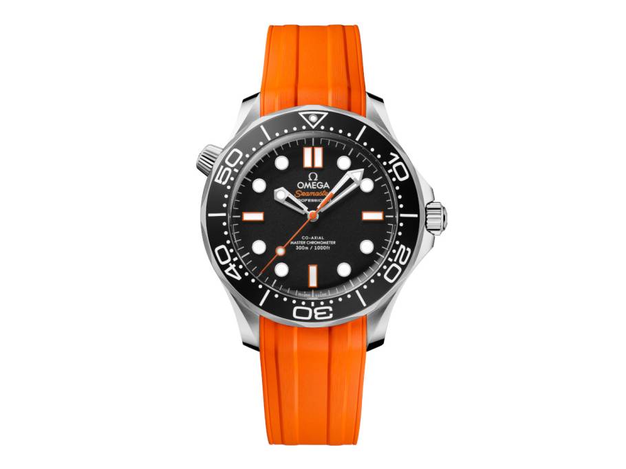 Seamaster Diver 300M Automatik Edelstahl 42mm schwarzes Zifferblatt orangefarbenes Kautschukband
