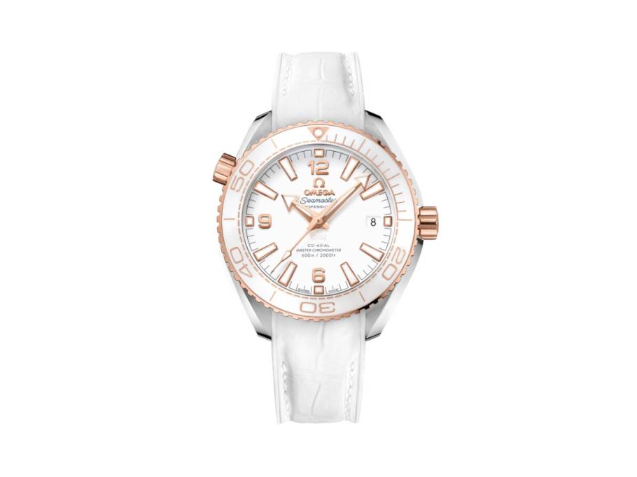 Seamaster Planet Ocean 600M Automatik Rotgold 39,5mm weißes Zifferblatt weißes Leder-/Kautschukband