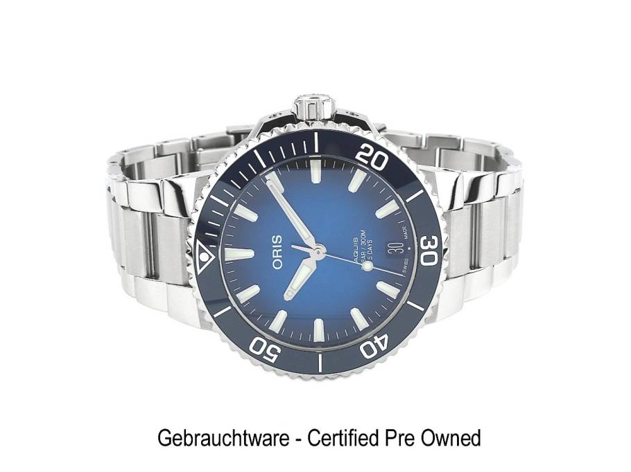 Aquis Date Calibre 400 Automatik Edelstahl 41,5mm blaues Zifferblatt Metallband 01 400 7769 4135-07 8 22 09PEB Full Set mit Garantie Occasion Refurbished