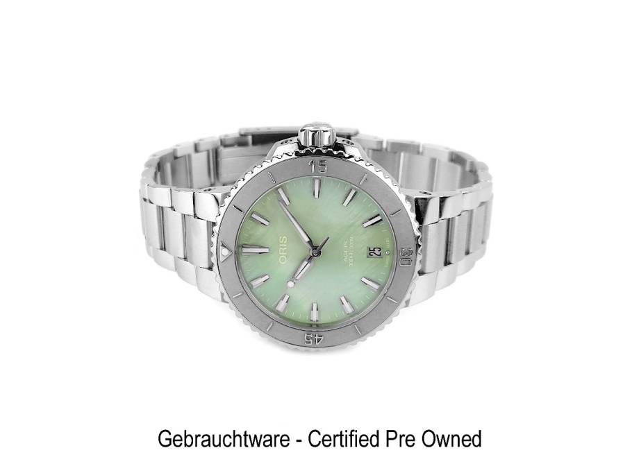 Aquis Date Lady Automatik Edelstahl 36,5mm grünes Perlmutt-Zifferblatt Metallband 01 733 7770 4157-07 8 18 05P Full Set Occasion