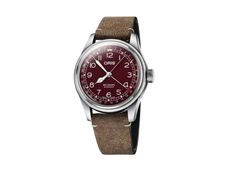 Big Crown Pointer Date Automatik Edelstahl 40mm rotes Zifferblatt braunes Lederband