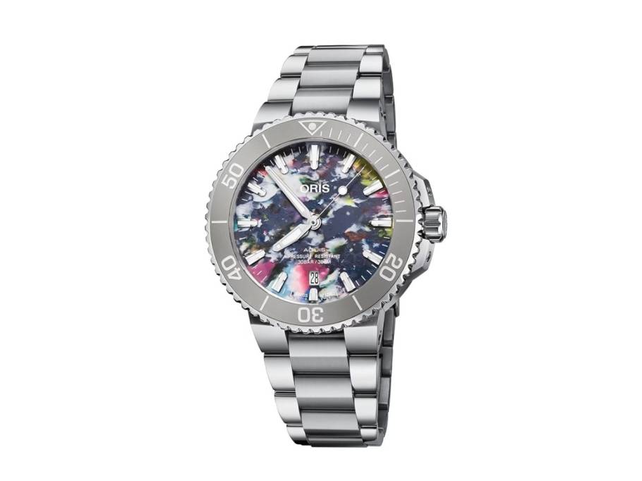 Aquis Date Upcycle Automatik Edelstahl 41,5mm mehrfarbiges Zifferblatt Metallband