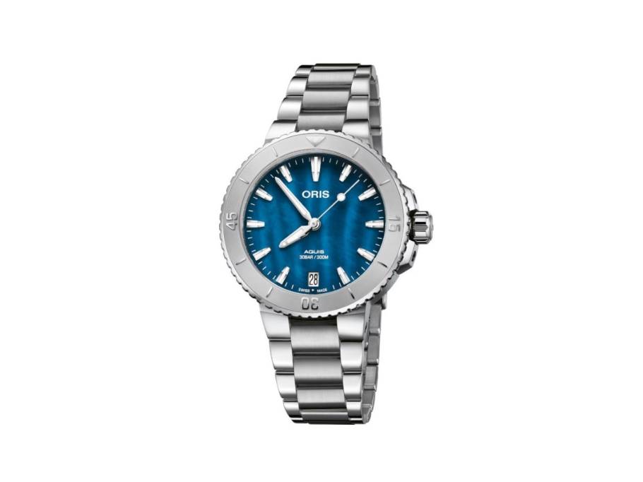 Aquis Date Lady Automatik 36,5mm Edelstahl blaues Perlmutt-Zifferblatt Metallband