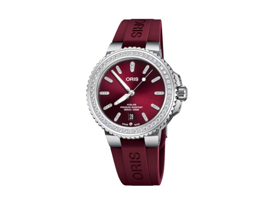 Aquis Date Diamonds Automatik Edelstahl 41,5mm rotes ZIfferblatt rotes Kautschukband
