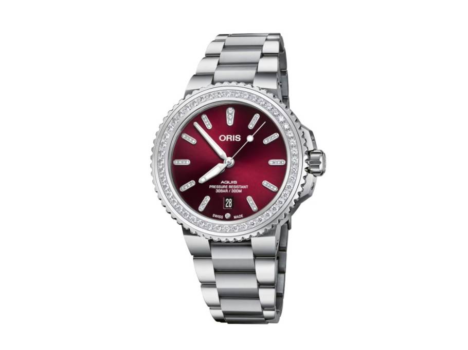 Aquis Date Diamonds Automatik Edelstahl 41,5mm rotes ZIfferblatt Metallband