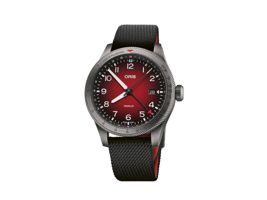 ProPilot GMT Automatik Edelstahl 41,5mm rotes Zifferblatt graues Textilband
