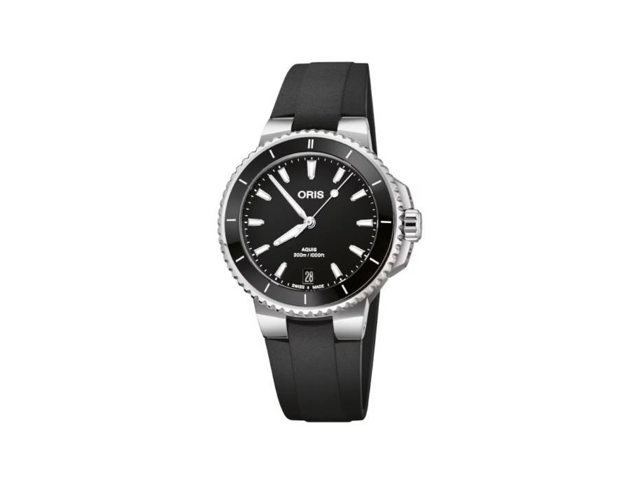 Aquis Date Automatik Edelstahl 36,5mm schwarzes Zifferblatt schwarzes Kautschukband