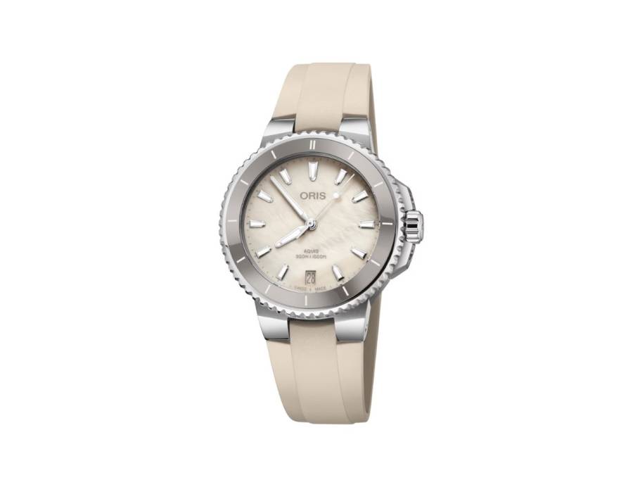 Aquis Date Automatik Edelstahl 36,5mm Perlmutt-Zifferblatt beiges Kautschukband