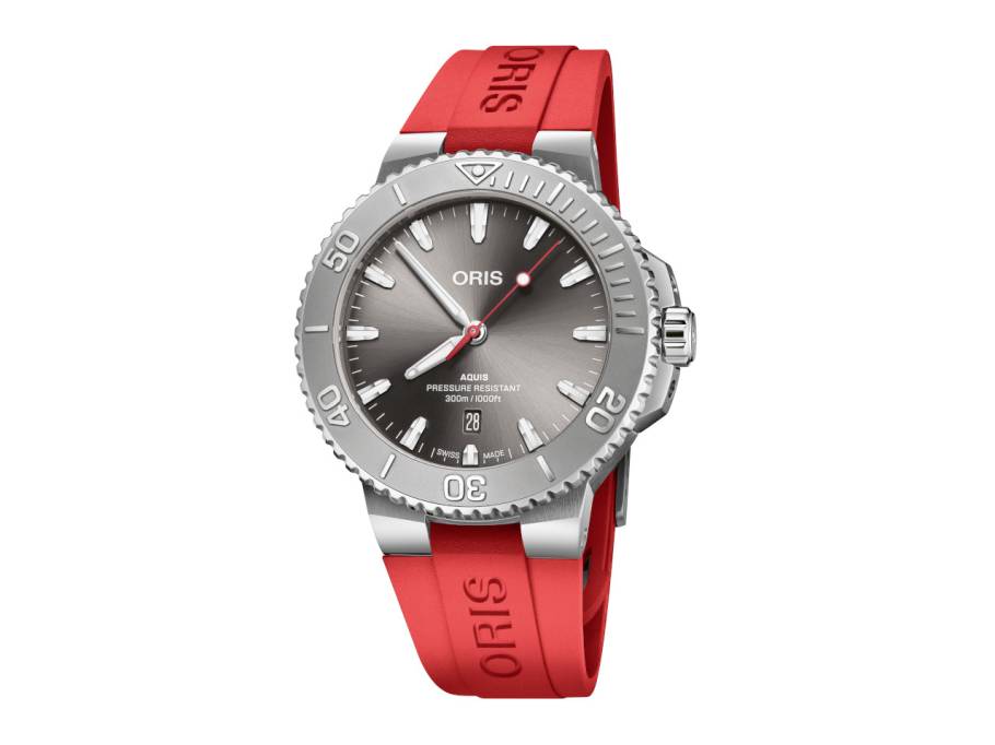 Aquis Date Relief Automatik Edelstahl 43,5mm graues Zifferblatt rotes Kautschukband