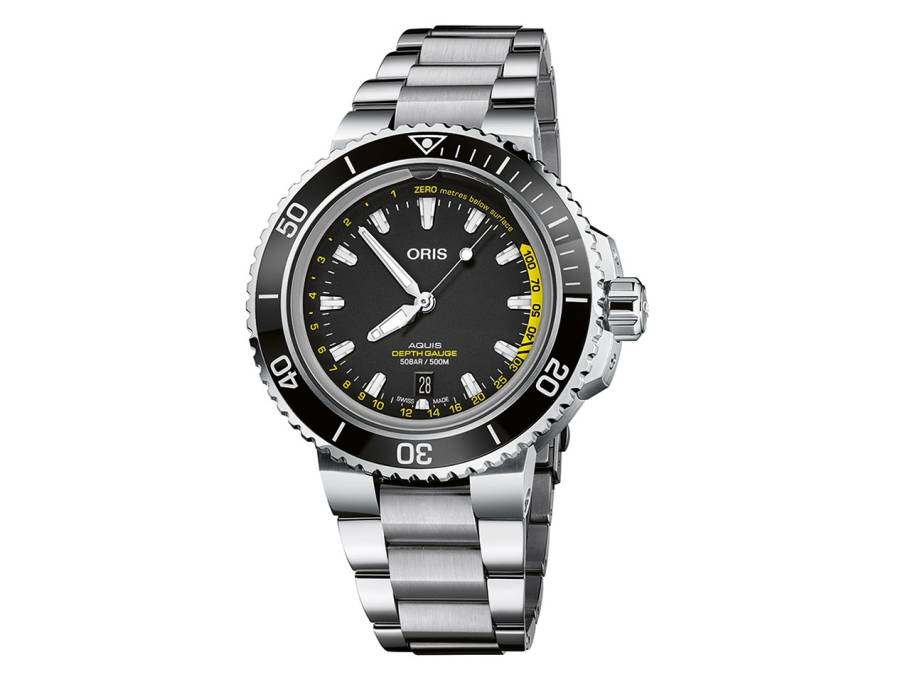 Aquis Depth Gauge - Taucheruhr mit Tiefenmesser schwarzes Zifferblatt Metallband