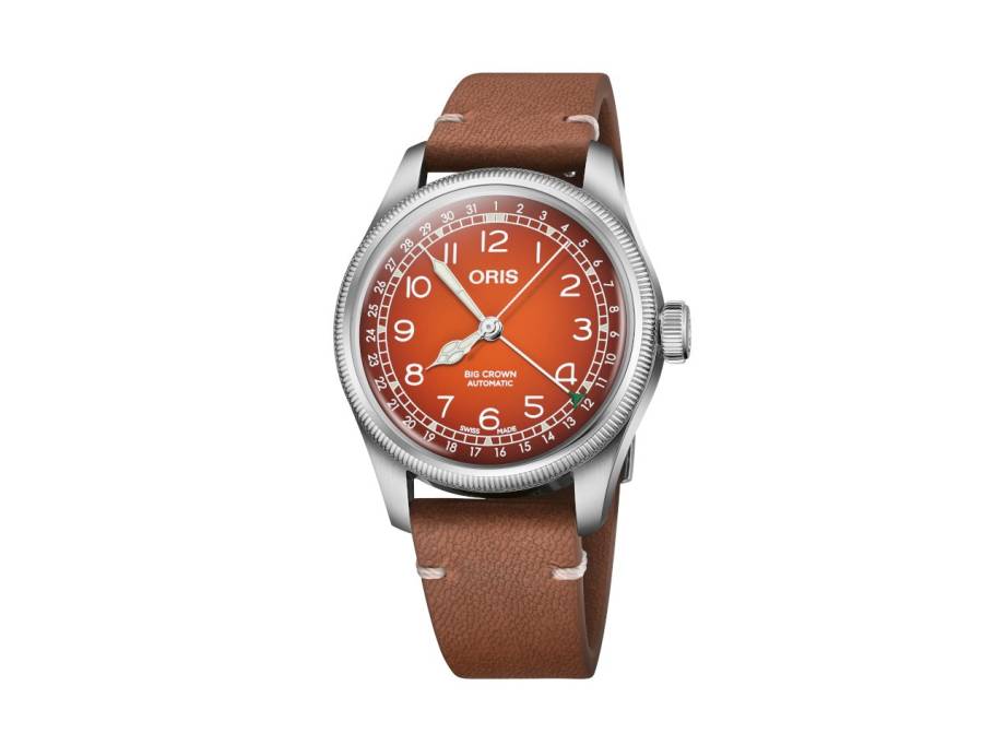 Big Crown Pointer Date X Cervo Volante Automatik Edelstahl 40mm orangefarbenes Zifferblatt braunes Lederband