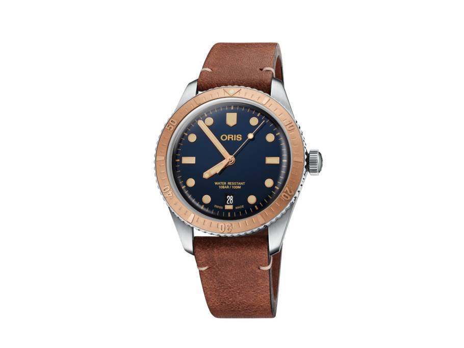 Divers Sixty-Five Automatik Edelstahl 40mm blaues Zifferblatt braunes Lederband
