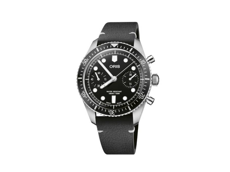 Divers Sixty-Five Chronograph Automatik Edelstahl 40mm schwarzes Zifferblatt schwarzes Lederband