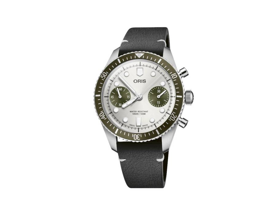 Divers Sixty-Five Chronograph Automatik Edelstahl 40mm silberfarbenes Zifferblatt schwarzes Lederband