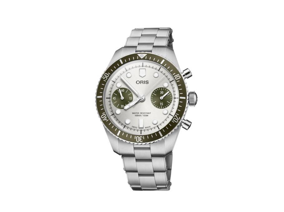 Divers Sixty-Five Chronograph Automatik Edelstahl 40mm silberfarbenes Zifferblatt Metallband