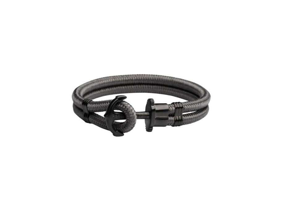 Phrep Armband dunkelgraues Nylon zweireihig Anker Edelstahl Schwarz-IP 17cm