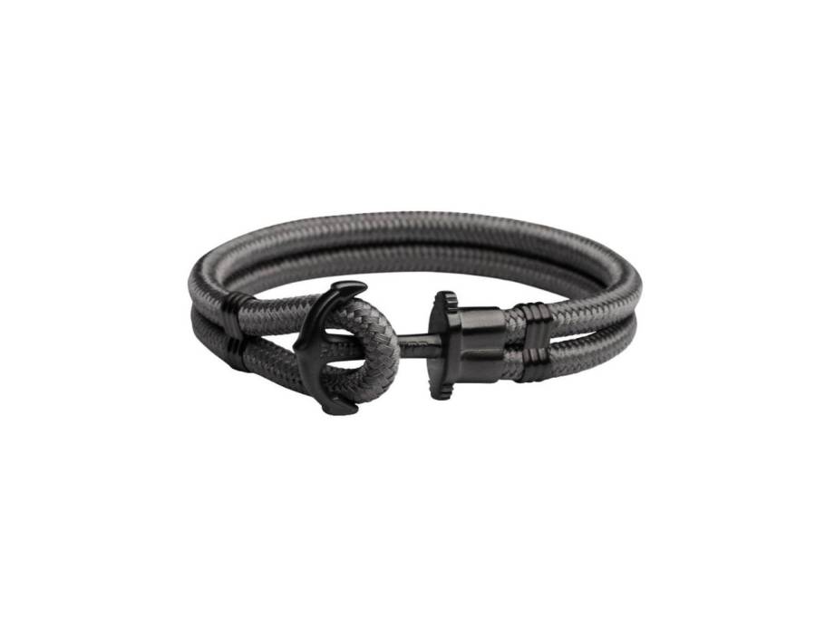 Phrep Armband dunkelgraues Nylon zweireihig Anker Edelstahl Schwarz-IP 19cm