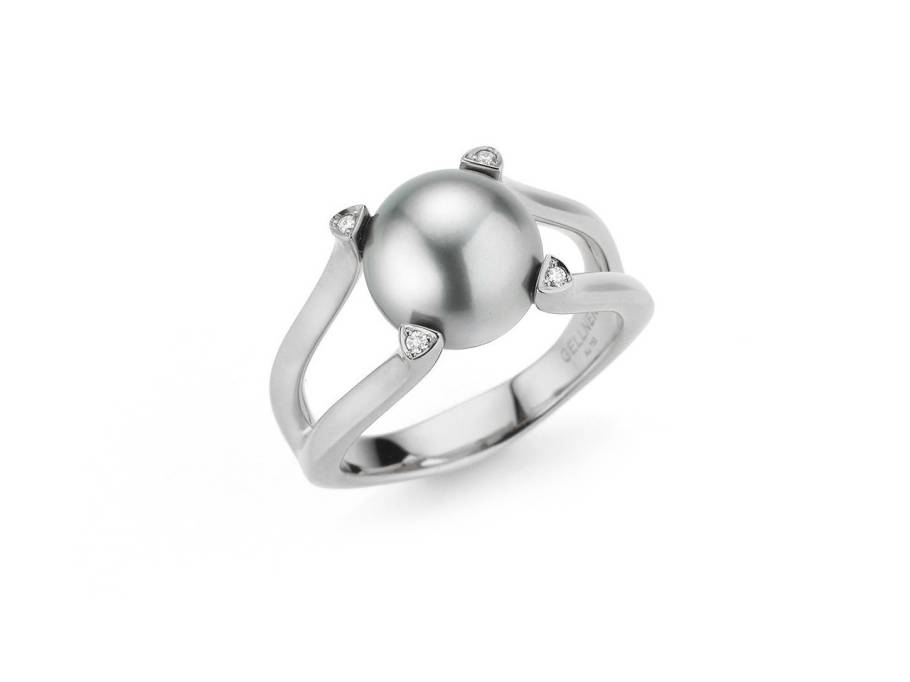 Wave Ring Weißgold mit Tahitiperle und Brillanten 0,040ct