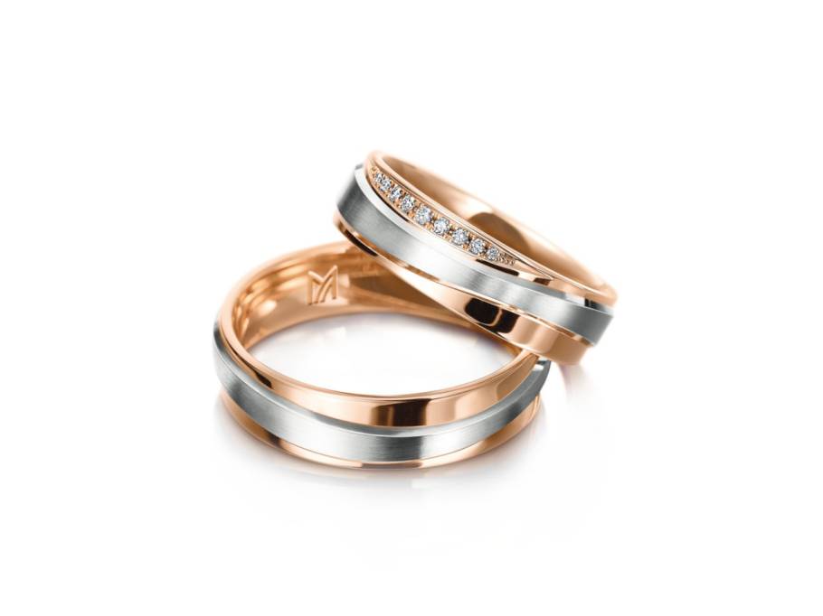 Phantastics Trauring Paar aus 750/- Rot- und Weißgold mit Brillanten 0,040ct