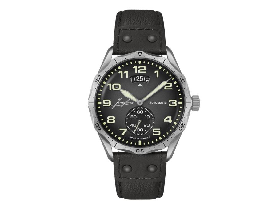 Meister Pilot Automatic Edelstahl 43mm graues Zifferblatt schwarzes Lederband