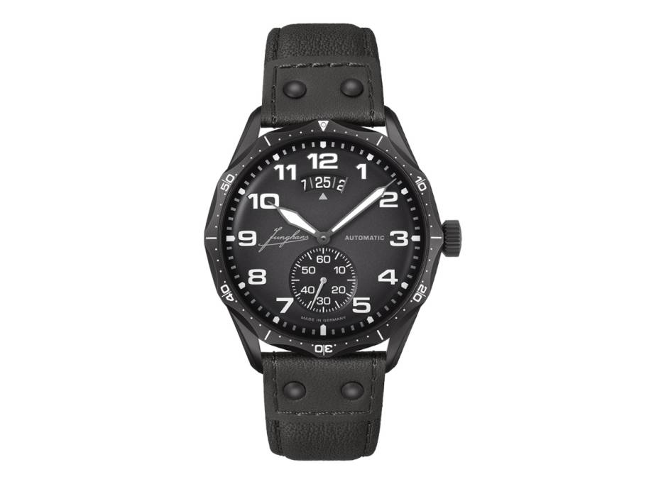 Meister Pilot Automatic Edelstahl DLC-Schwarz 43mm graues Zifferblatt schwarzes Lederband