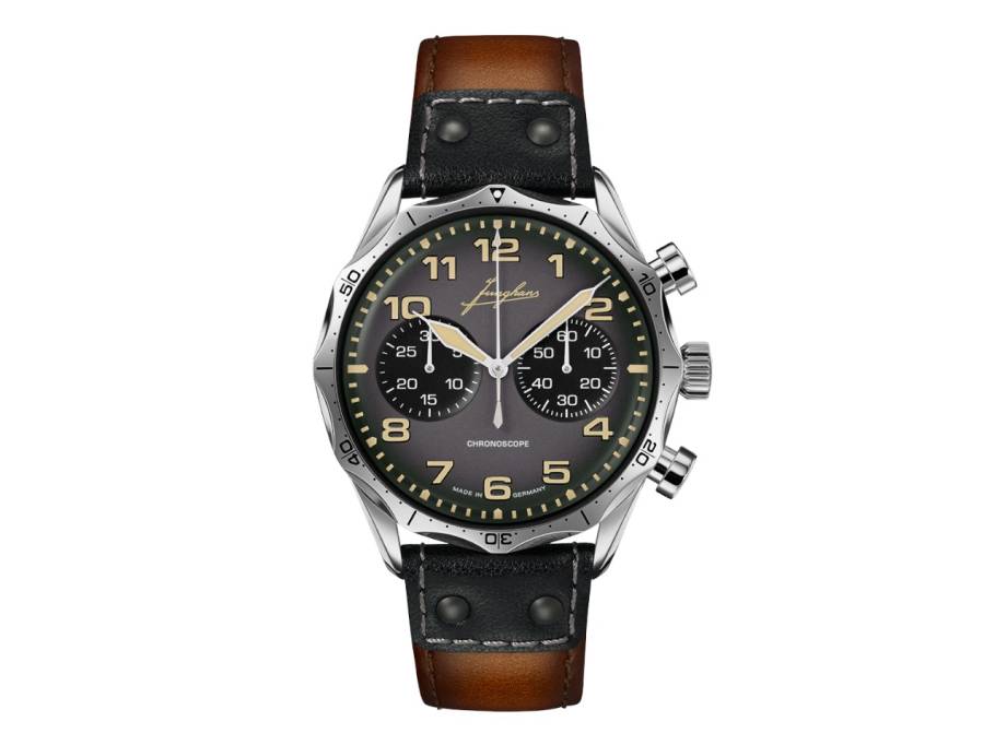 Meister Pilot Chronoscope Automatik Edelstahl 43mm graues Zifferblatt braunes Lederband