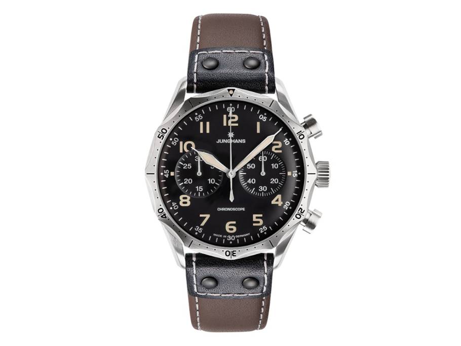 Meister Pilot Automatic Edelstahl 43mm schwarzes Zifferblatt braunes Lederband