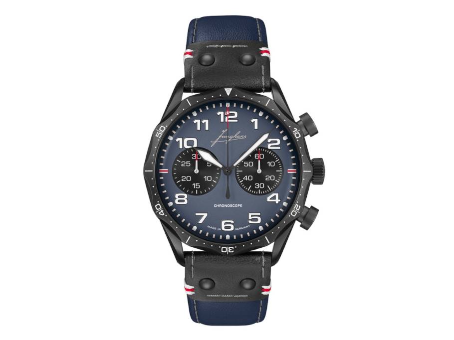 Meister Pilot Chronoscope Navy Blue Automatik Edelstahl PVD-Schwarz 43mm blaues Zifferblatt blaues Lederband