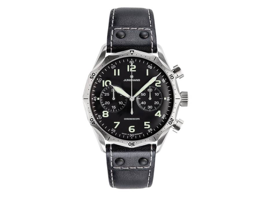 Meister Pilot Automatic Edelstahl 43mm schwarzes Zifferblatt schwarzes Lederband