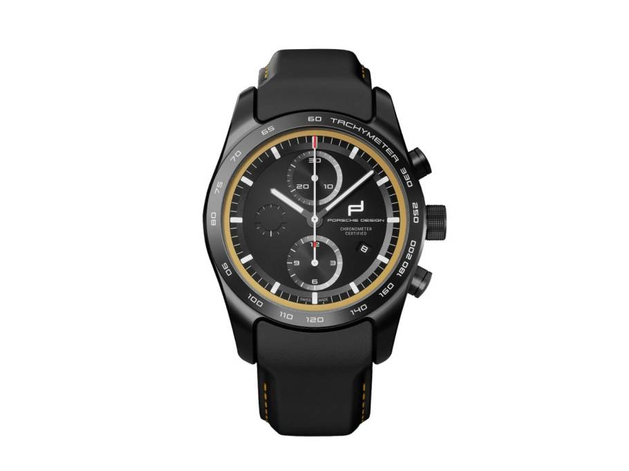 Custom Built Timepieces Watchmakers Choice "SpeedGelb" Chronograph Automatik Titan Schwarz 42mm schwarzes Zifferblatt schwarzes Lederband