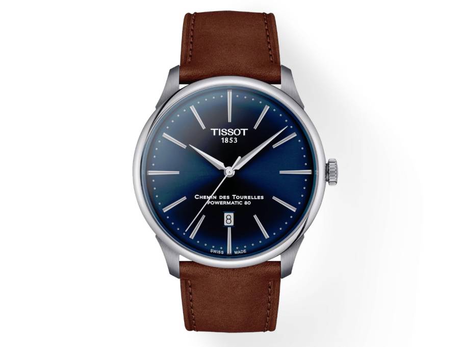 Chemin des Tourelles Powermatic 80 Automatik Edelstahl 42mm blaues Zifferblatt braunes Lederband 