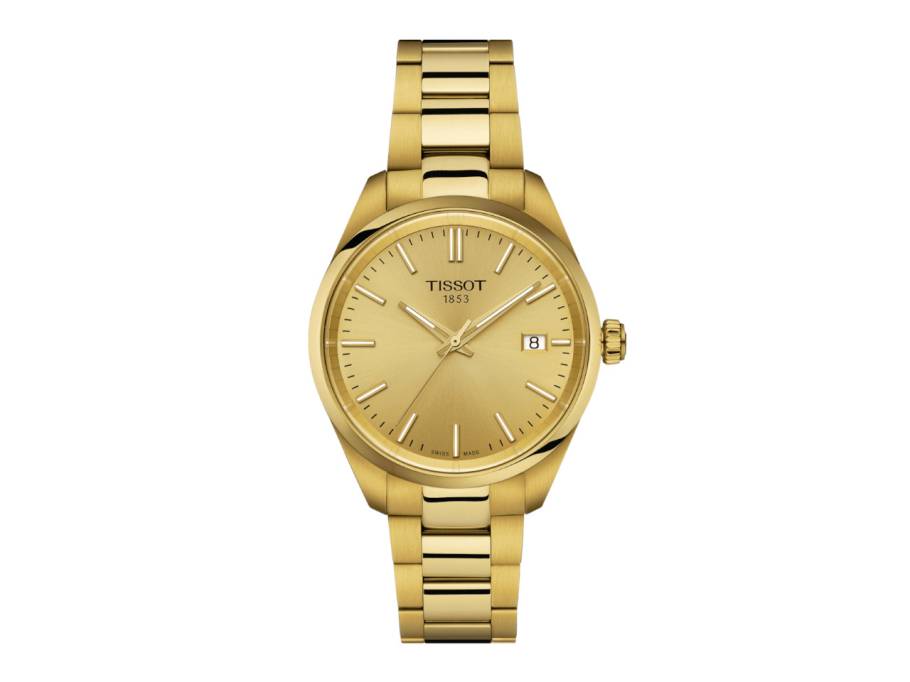  PR 100 Quarz Edelstahl gelbgoldfarben beschichtet 34mm gelbgoldfarbenes Zifferblatt Metallband gelbgoldfarben beschichtet