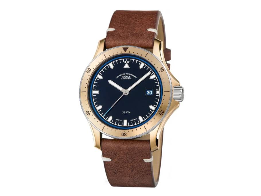 Promare Go Bronze Datum Automatik 42mm blaues Zifferblatt braunes Lederband