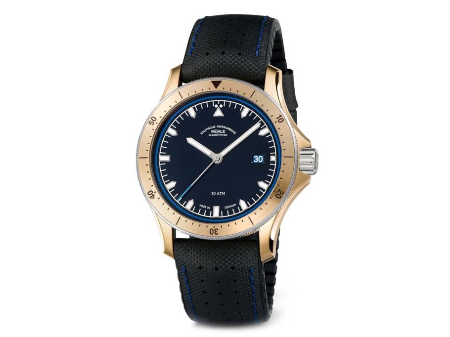 Promare Go Bronze Datum Automatik 42mm blaues Zifferblatt schwarzes Kautschukband