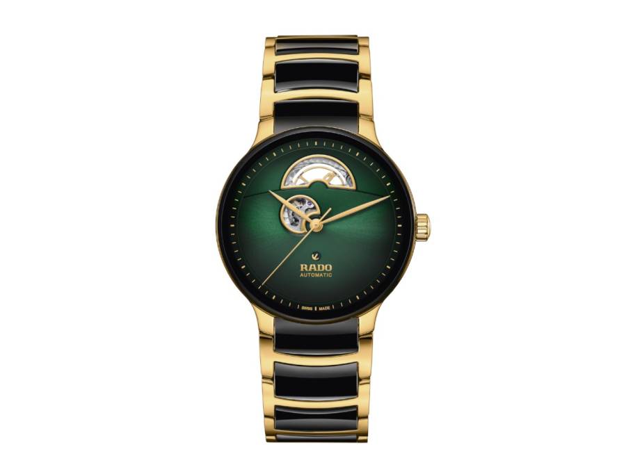 Centrix Open Heart Automatik Edelstahl Gelbgold-PVD 39,5mm grünes Zifferblatt Metallband