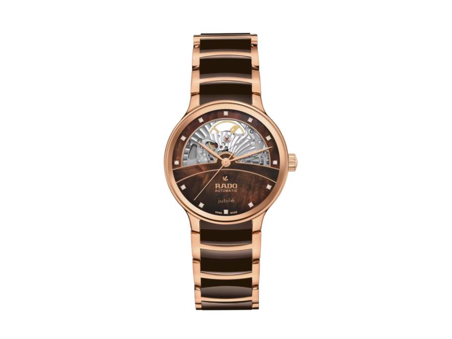 Centrix Diamonds Automatik Open Heart Edelstahl Roségold-PVD 35mm braunes Zifferblatt mit Brillanten Metallband