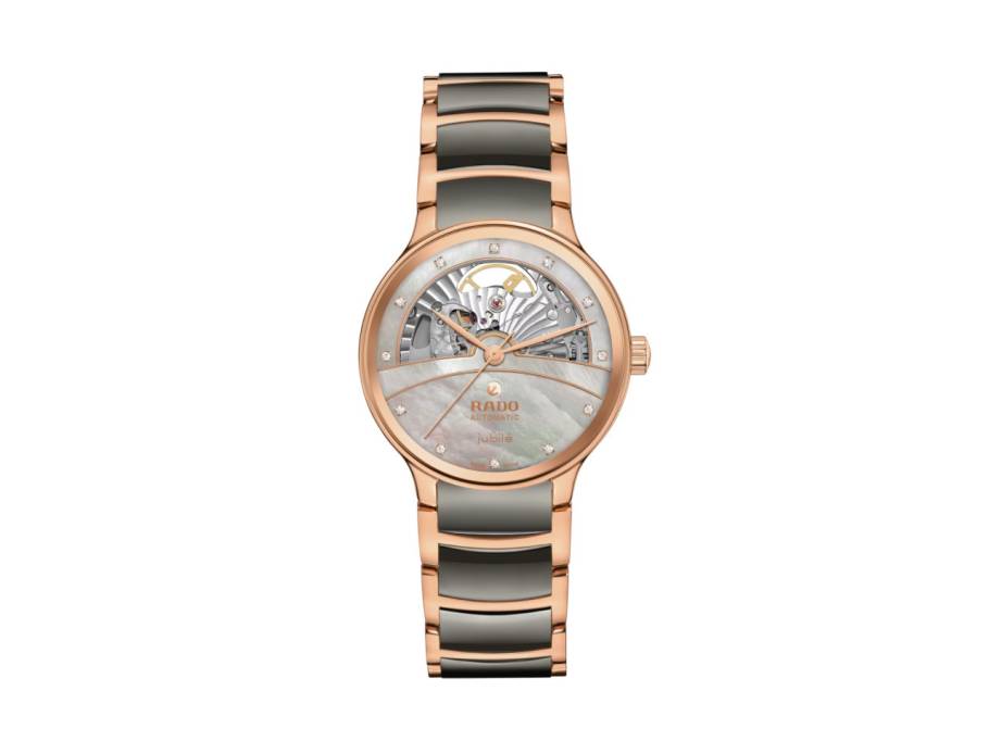 Centrix Diamonds Automatik Open Heart Edelstahl Roségold-PVD 35mm graues Zifferblatt mit Brillanten Metallband