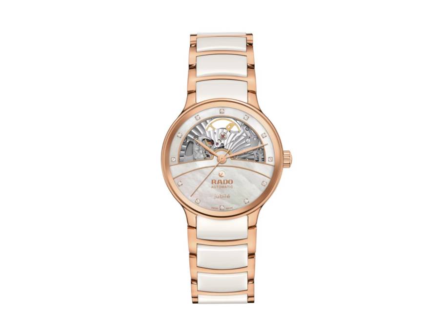 Centrix Diamonds Automatik Open Heart Edelstahl Roségold-PVD 35mm weißes Zifferblatt mit Brillanten Metallband