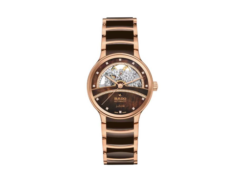 Centrix Diamonds Automatik Open Heart Edelstahl Roségold-PVD 35mm braunes Zifferblatt mit Brillanten Metallband