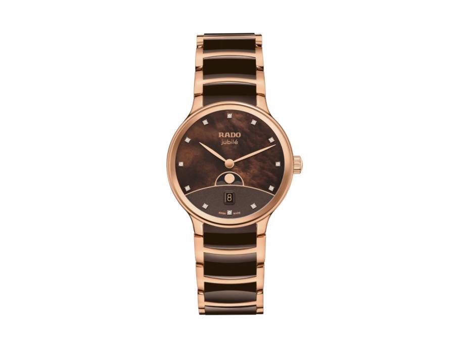 Centrix Diamonds Quarz Edelstahl Roségold-PVD 35mm braunes Perlmutt-Zifferblatt mit Brillanten Metallband